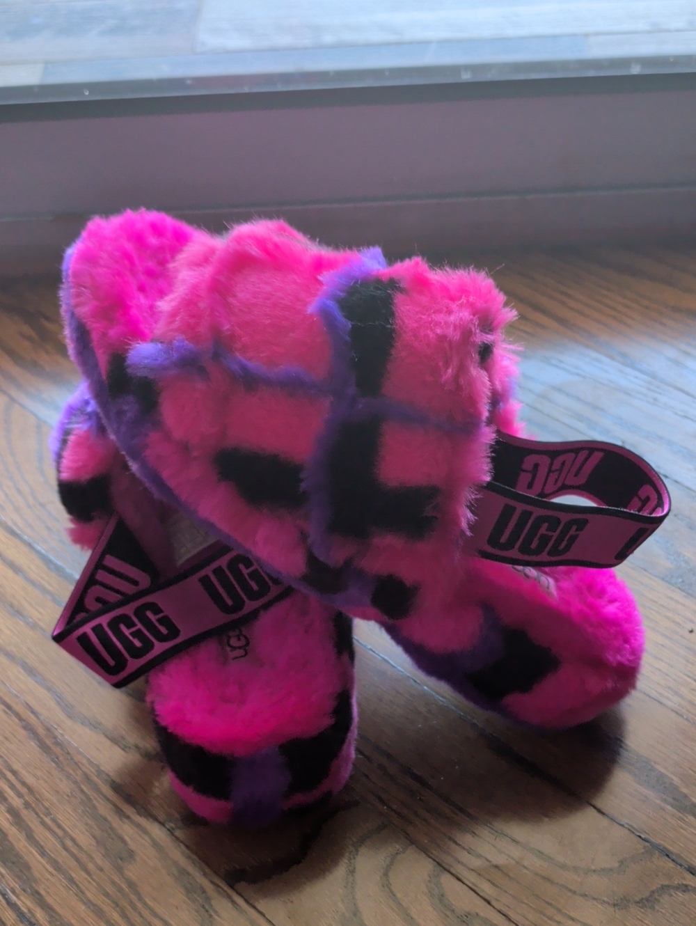 UGG Women's Bright Pink & Purple Fluff Slides Sandals Slippers